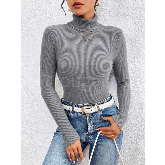 Gray Sweater Top Rib-Knit High Neck, Turtleneck  Long Sleeve Slim Fit - Picture 5 of 8